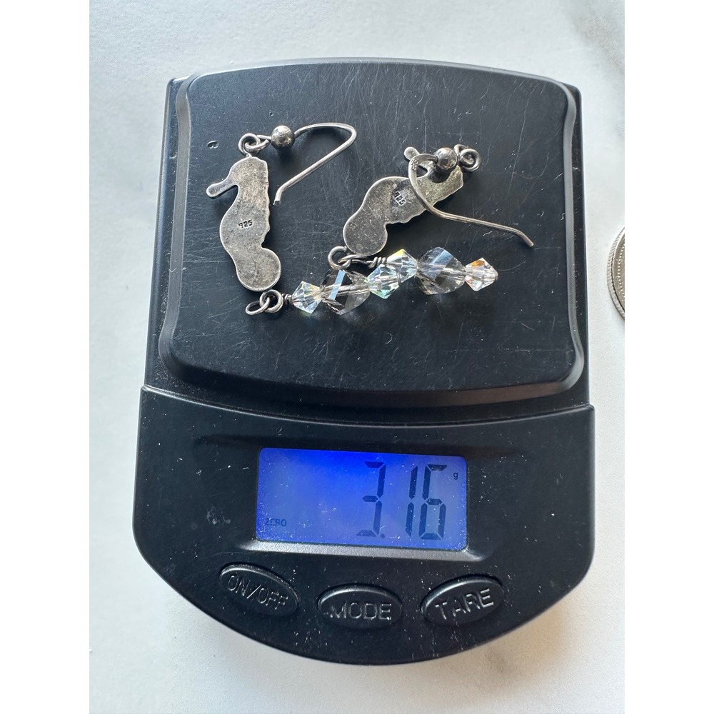 Sterling Silver Seahorse Dangle Earrings Oxidized Crystal Beads 925 Nautical - Picture 6 of 6